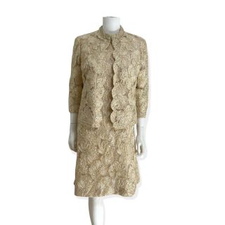 Vintage 1960s Cream Metallic Iridescent Jackie O Style Dress & Jacket