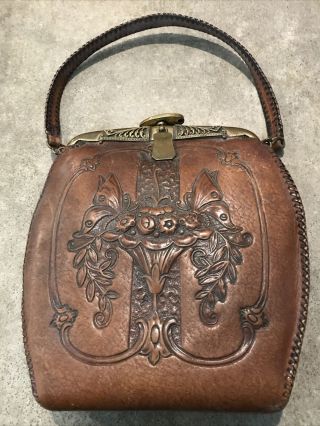 Antique 1917 Arts & Craft Hand Tooled Leather Meeker Jemco Bag Purse