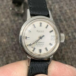 Vintage Rone 21 Jewels Automatic Swiss Made White Watch Black Strap