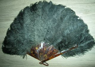 Antique Victorian Black Ostrich Feather & Faux Tortoiseshell Hand Fan