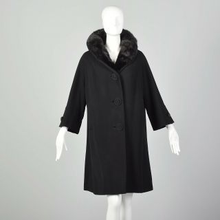 L 1950s Black Coat Mink Fur Collar Warm Winter Jacket Pinup Warm Wool 50s Vtg