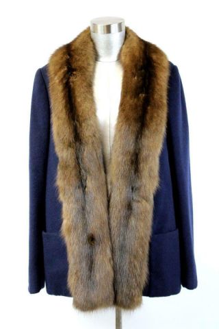 Bill Blass Vintage 1970s Fox Fur Shawl Coat Jacket Stole Navy Blue Pockets M