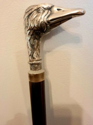 Antique Sterling Silver Duck Head Walking Stick Cane