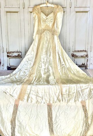 Antique Silk Liquid Satin Edwardian Wedding Gown Lace Long Train