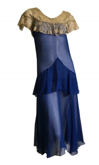 True Vintage 1920s Vivid Blue Silk Dress With Lace And Embroidery Xs