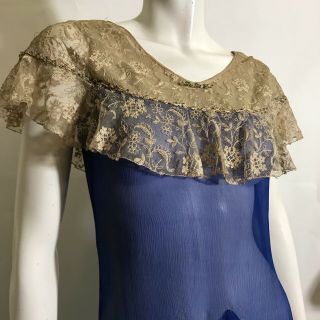 True Vintage 1920s Vivid Blue Silk Dress with Lace and Embroidery XS 2