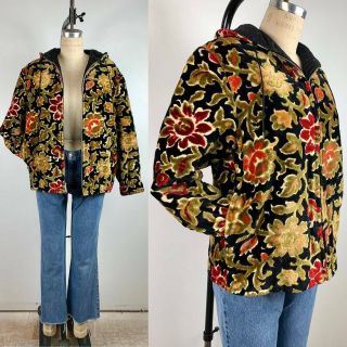 Vintage 1960s Hooded Carpet Velvet Tapestry Boho Floral Jacket Coat Zip Up Hippy