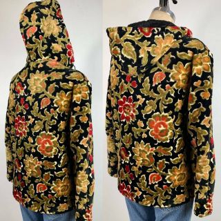 Vintage 1960s Hooded Carpet Velvet Tapestry Boho Floral Jacket Coat Zip Up Hippy 2