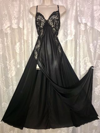 Vtg 3x Fredericks Of Hollywood Black Nylon Sexy Nightgown Negligee Gown W Lace