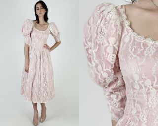 Vtg 80s Gunne Sax Dress Ivory Floral Lace Mauve Satin Princess Party Gown Maxi