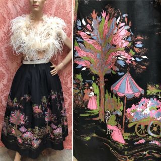 Vtg 50s - 60s Millworth “april In Paris” Flower Market - Couples Novelty Print Skirt