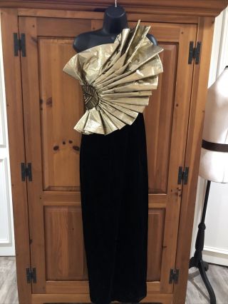 After Five Vintage 80s Black Velvet One Shoulder Column Gown Gold Fan Pleats S