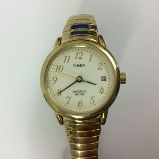 Vintage Timex Indiglo Watch Women Gold Tone Dial Date Stretch Battery
