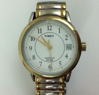 Vintage Timex Indiglo Watch Women Gold Silver Two Tone Date Stretch Battery