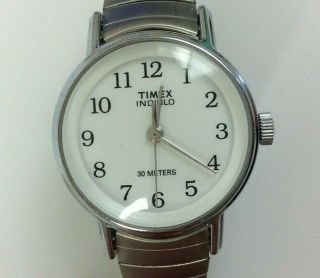 Vintage Timex Indiglo Watch Women Silver Tone White Dial Stretch Battery