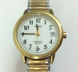 Vintage Timex Indiglo Watch Women Gold Tone White Dial Stretch Date Battery