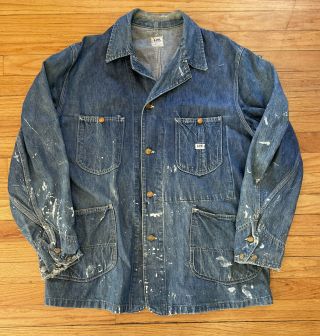 Vintage Lee Mens Sanforized Union Made In Usa Denim Chore Jacket Vtg 42 R Flaws