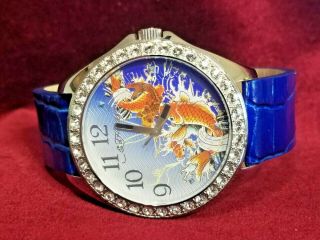 Large Silver Tone Ed Hardy Watch,  Aquadic Face,  Crystals,  Blue Leather Band