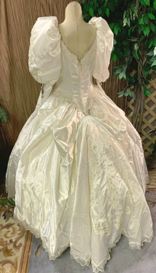 Vintage Beaded Long Sleeve White Satin Wedding Dress Bridal Gown Sm - Med