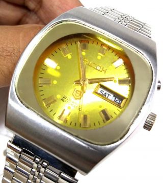 Ricoh Automatic Japan Day Date Designer Gold Dial Steel Men Watch 36mm