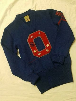 Vintage 1950 Blue Heavy Knit Letterman Sweater Athletic Sports