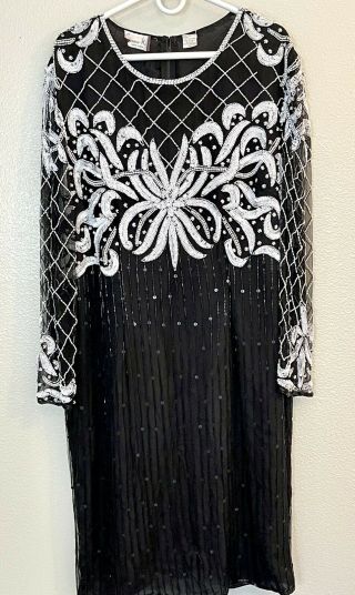 Vintage Lawrence Kazar Beaded Sequin Black Silk Formal Dress Gown Party Sz 2x