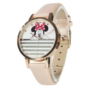Disney Minnie Mouse Watch White And Black Stripe Dial Pink Leather Strap Ladies