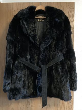 Vintage Black Rabbit Fur Coat Jacket With Suede Belt Small With Cleaning Tag