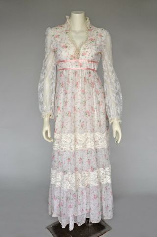 Vtg 1970s 70s Gunne Sax Style White Pink Cabbage Rose Corset Maxi Dress Sz M
