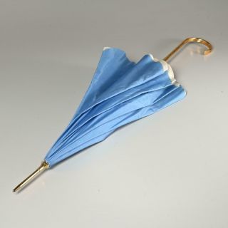 Vintage Blue & Floral Silk Parasol With Gold Plate Handle
