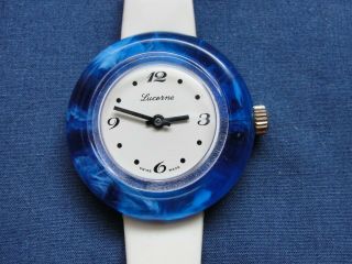 Vintage " Lucerne " Swiss Made Wind Up Ladies Watch Blue Acrylic Case Real