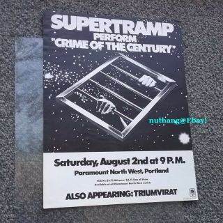 Supertramp " Crime Of The Century " Tour 1975 Flyer Poster,  Portland Usa Rare Vg,