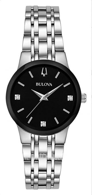 Bulova Diamond Black Dial Stainless Steel 30mm Ladies Quartz Watch 96p200