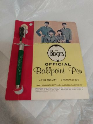 Vtg Beatles Official Green Ballpoint Pen W/pewter Heads Pkg Photo 1964