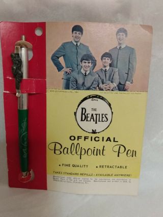 VTG Beatles Official Green Ballpoint Pen w/Pewter Heads PKG Photo 1964 2