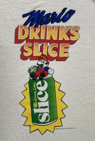 Vtg Rare 1989 " Mario Drinks Slice " Nintendo Promo T - Shirt L Preworn 