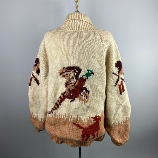 Vtg 60s Cowichan Sweater Cream Hand Knit Wool Pheasant Hunting Size Xl 2xl
