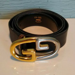 Authentic Gucci Belt Gg Logo Designer Silver Gold Buckle Black Leather 45 " Italy