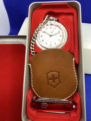 Vintage Swiss Army Pocket Watch Leather Case & Translucent Sm.  Knive Set Nos
