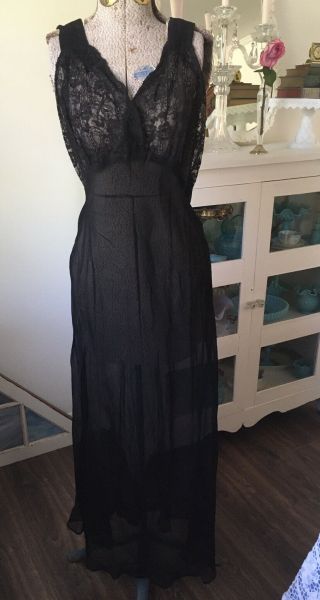 Vtg 1930s 1940s Ultra Sheer Black Lace Bias Harlow Nightgown & Robe Crepe M 36