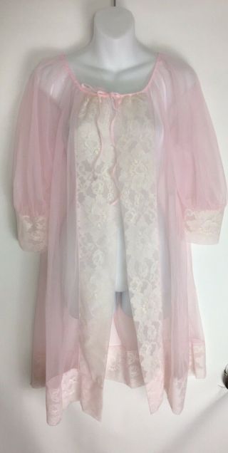Vintage Movie Star Sheer Pink Peignoir Robe Size M Lace Trim