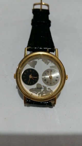 Interesting & Unique Dual Time Quartz Watch Gold - Tone Case,  Good Running,