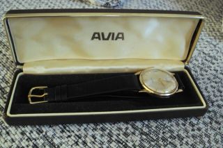 Vintage Mens Avia 17 Jewels.  375 9ct Gold Watch - With Case,  W/order