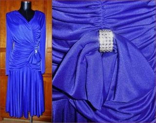 Vtg 80s Royal Blue Silky Liquid Jersey Rhinestones Evening Cocktail Party Dress