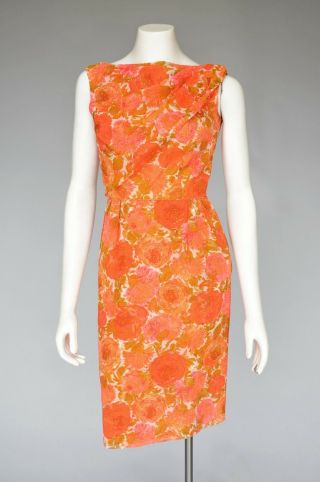 Vintage 50s Black Orange Floral Print Wiggle Style Dress Sleeveless Pinup Xs