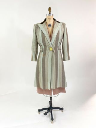 Killer Vtg 1930s 40s Herringbone Stripe Wool Dress Coat M L