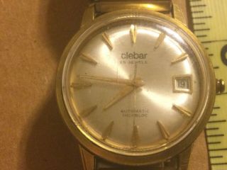 Vintage Clebar 25 Jewels Automatic Incabloc Mens Watch Runs Silver Face Gold Ban