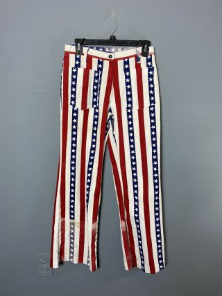 Vintage 70s Womens Red White Blue Stars Stripes Bell Bottom Pants Patriotic 26 " W