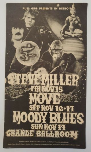 Russ Gibb Presents Grande Ballroom 1968 Postcard Steve Miller Moody Blues Move
