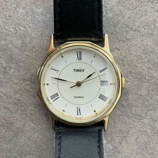 Cool Vintage Timex Mens Watch La Cell Gold Tone Case Leather Band B - D
